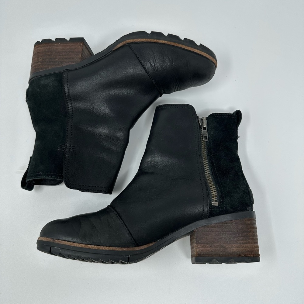 Sorel Cate Bootie Waterproof Black Leather Ankle Boots Lug Sole Sz 8 - Picture 6 of 16